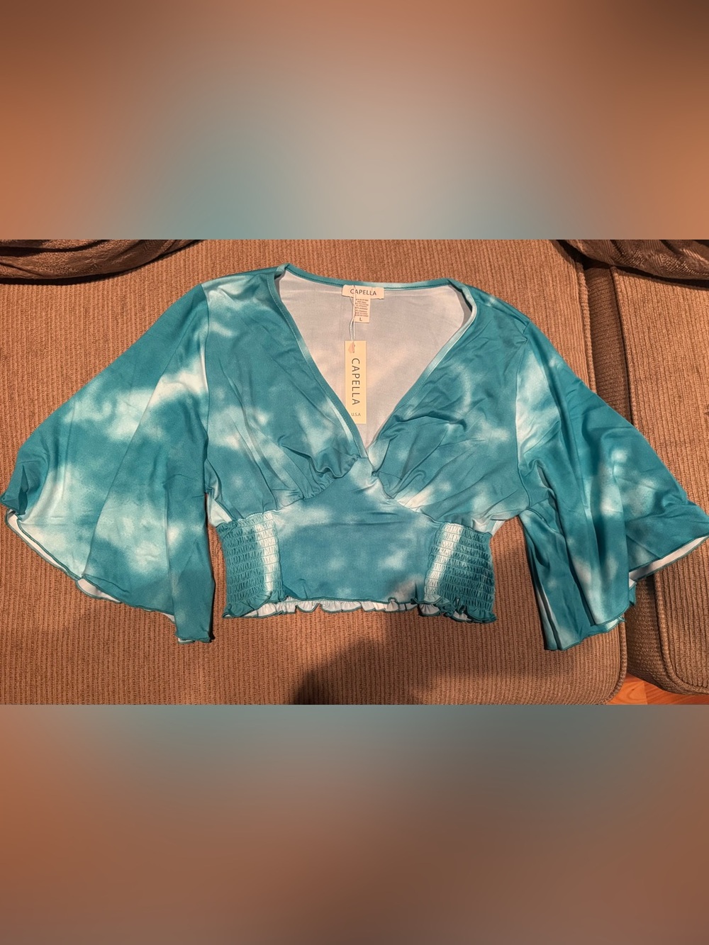 Women's Turquoise Tie-Dye V-Neck Smocked Crop Top